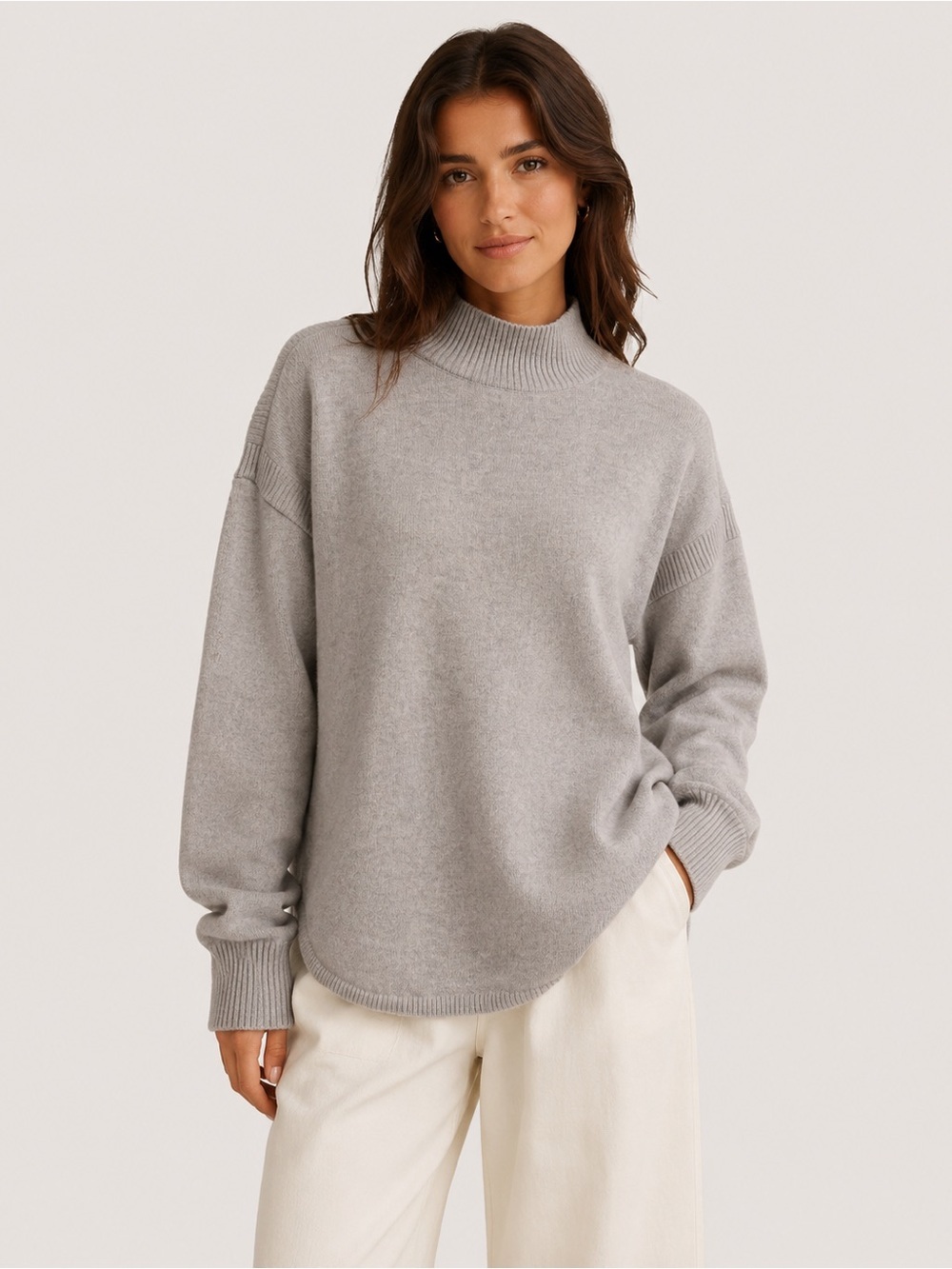 Club Monaco 100% Cashmere Gray Mock Neck Sweater Drop Shoulder High Low Small